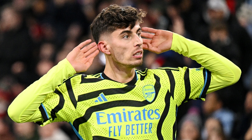 Kai Havertz celebrates after scoring a late winner for Arsenal against Brentford in the Premier League in November 2023.