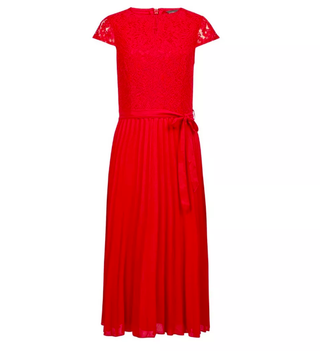 Red Lace Pleat Midi Dress