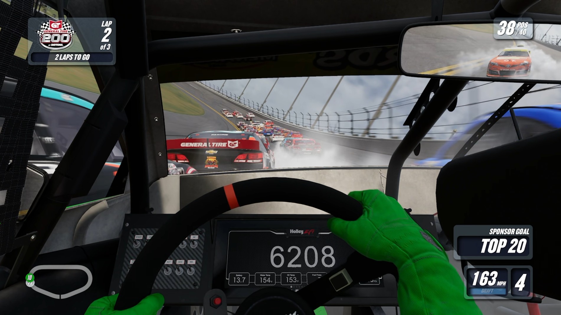 A screenshot from an ARCA race at Daytona in NASCAR 26 showing an in-cockpit view of an imminent crash.