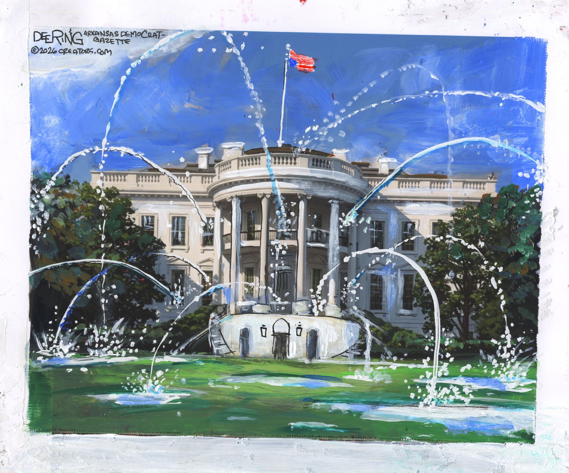 
                                This cartoon depicts the White House. Water is shooting out everywhere and pooling on the front lawn because of all the leaks.
                            