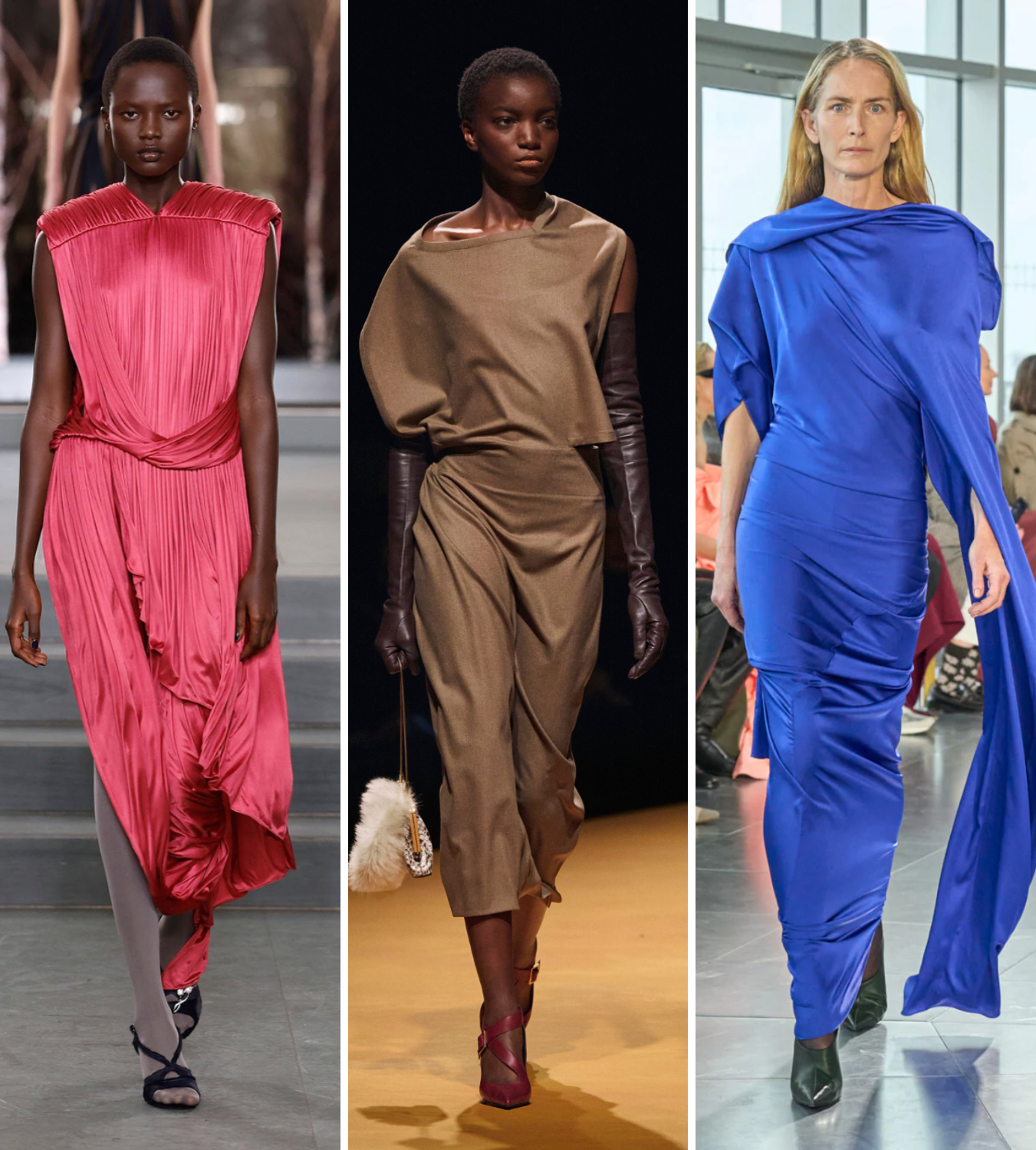 A/W 25 dress trends, draped dresses - Tory Burch, Khaite, Roksanda