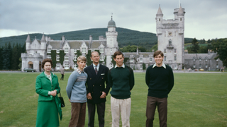 Queen Elizabeth II with Prince Philip, the Duke of Edinburgh and their sons Prince Edward (second from left), Prince Charles (second from right) and Prince Andrew (right) in the grounds of Balmoral Castle in Scotland, UK, 20th September 1979