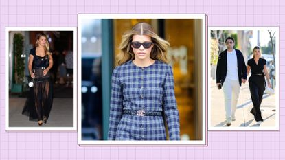 Sofia Richie in a three-picture template wearing stylish streetwear/ in a purple template