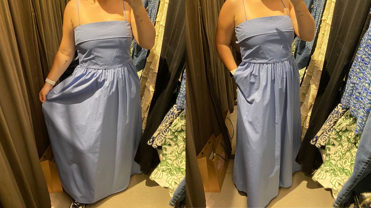 composite of our fashion writer wearing a blue cotton zara maxi dress