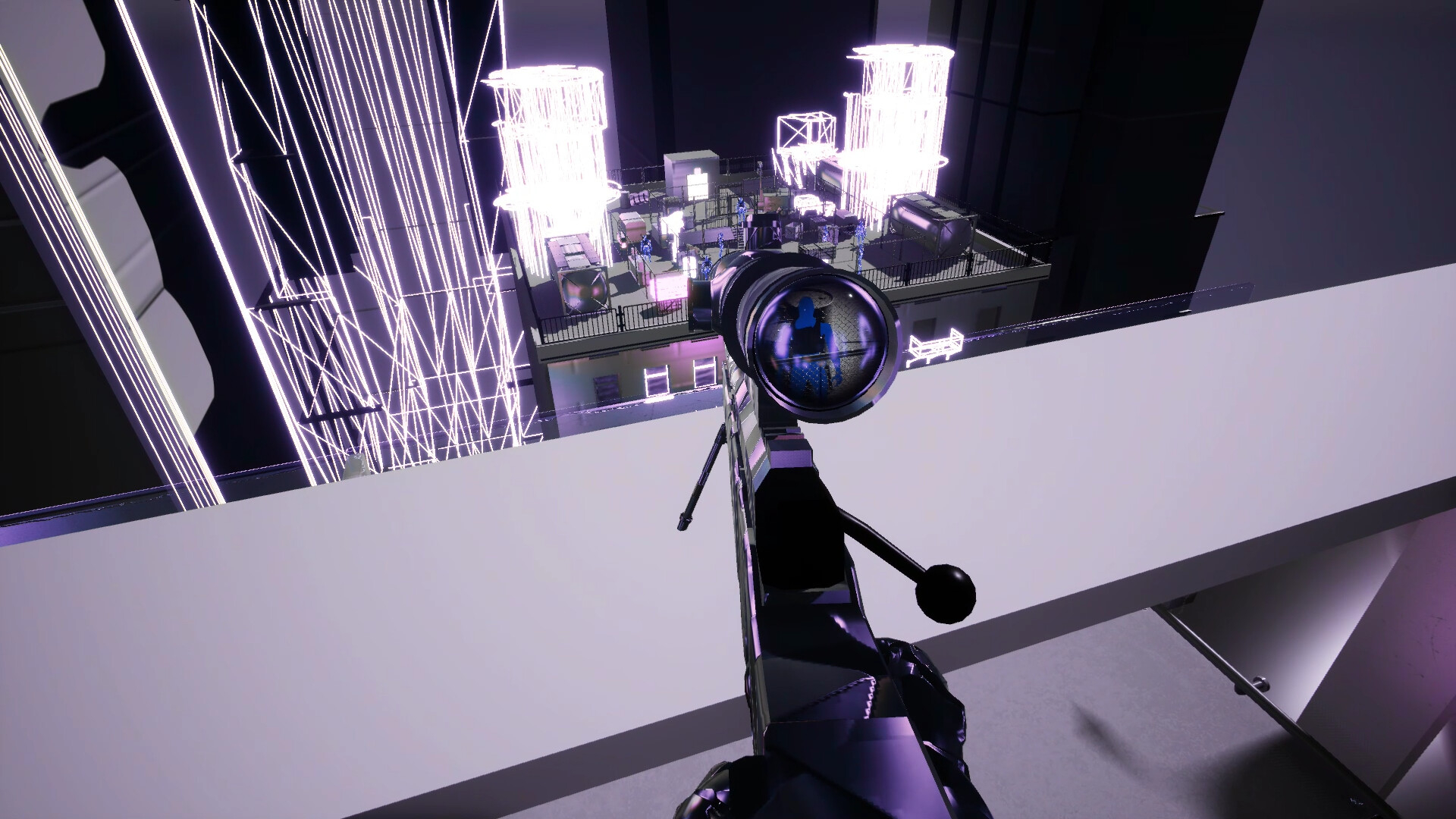 A screenshot of the player looking down a sniper rifle in the VR game Cold VR