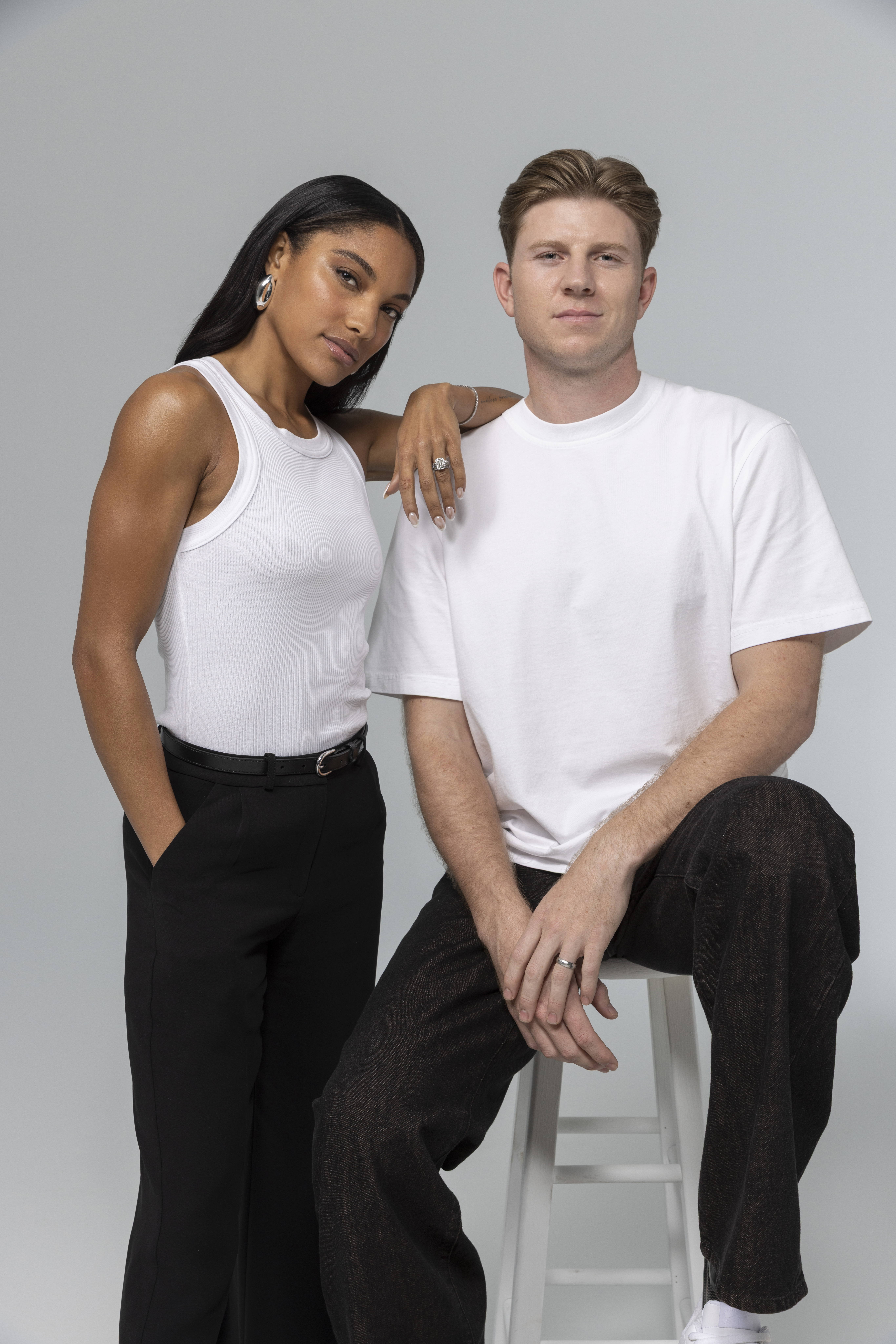 An image of Tara Davis-Woodhall and Hunter Woodhall in a 2026 Clinique campaign.