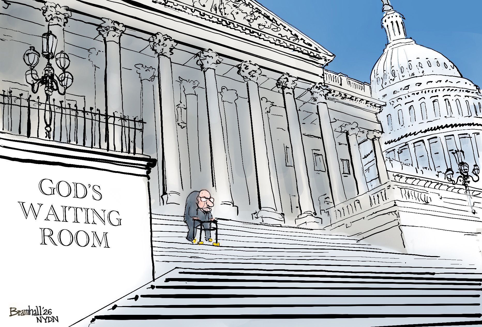 
                                This cartoon depicts an elderly man with a hunched-over back and glasses using a walker to go down the stairs of the Senate building. The etching on the wall near him reads, “God’s Waiting Room”.
                            