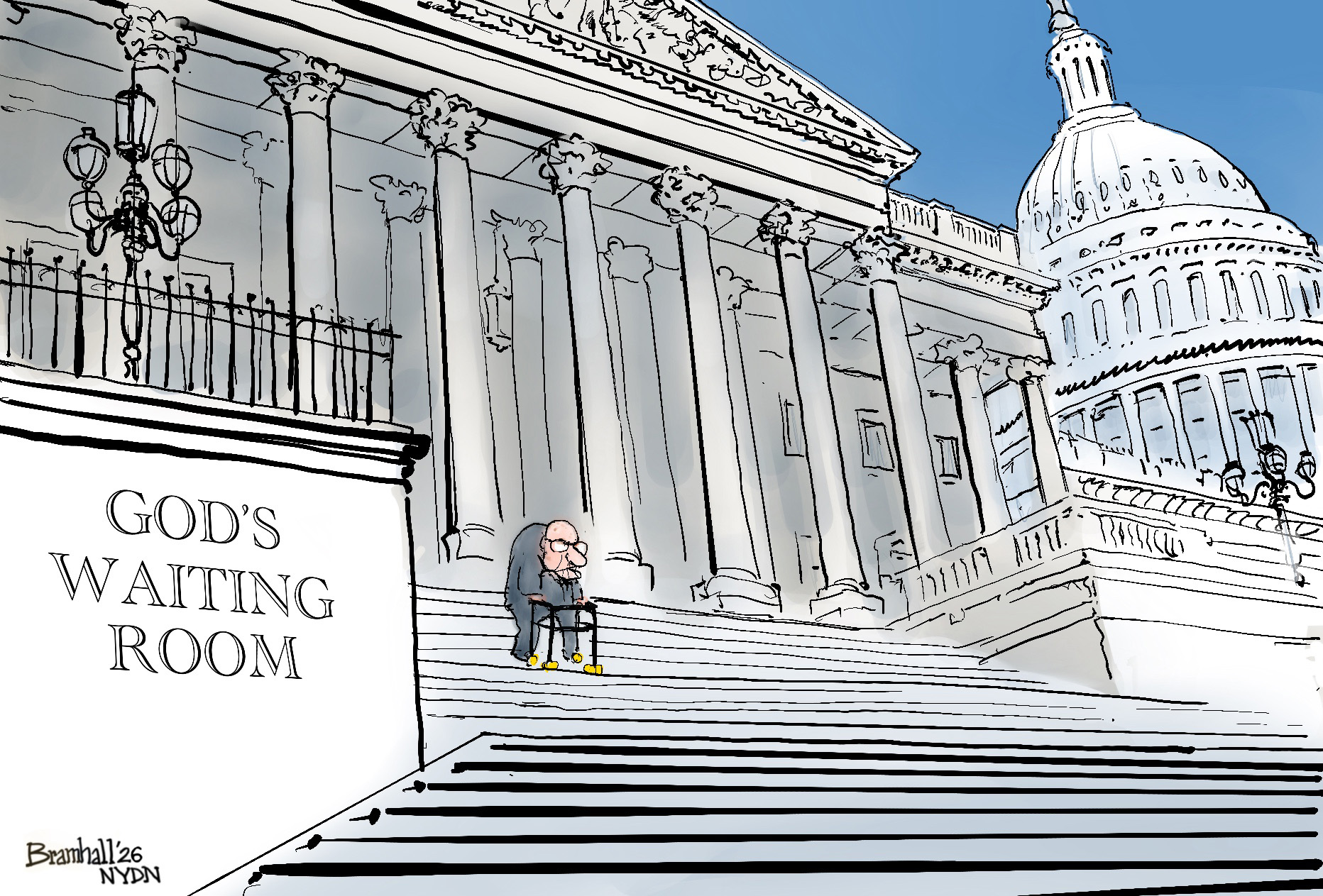 This cartoon depicts an elderly man with a hunched-over back and glasses using a walker to go down the stairs of the Senate building. The etching on the wall near him reads, &amp;ldquo;God&amp;rsquo;s Waiting Room&amp;rdquo;.