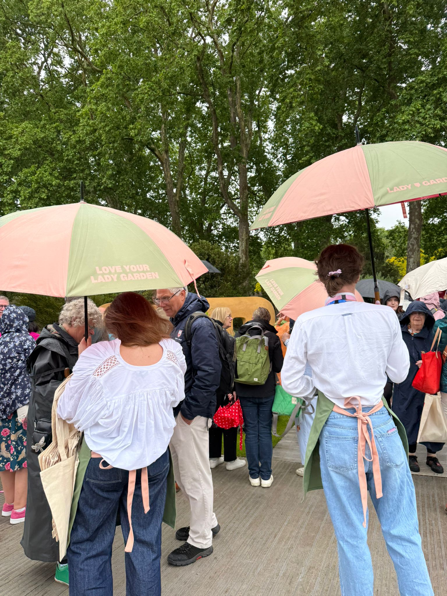 People with umbrellas at chelsea flower show
