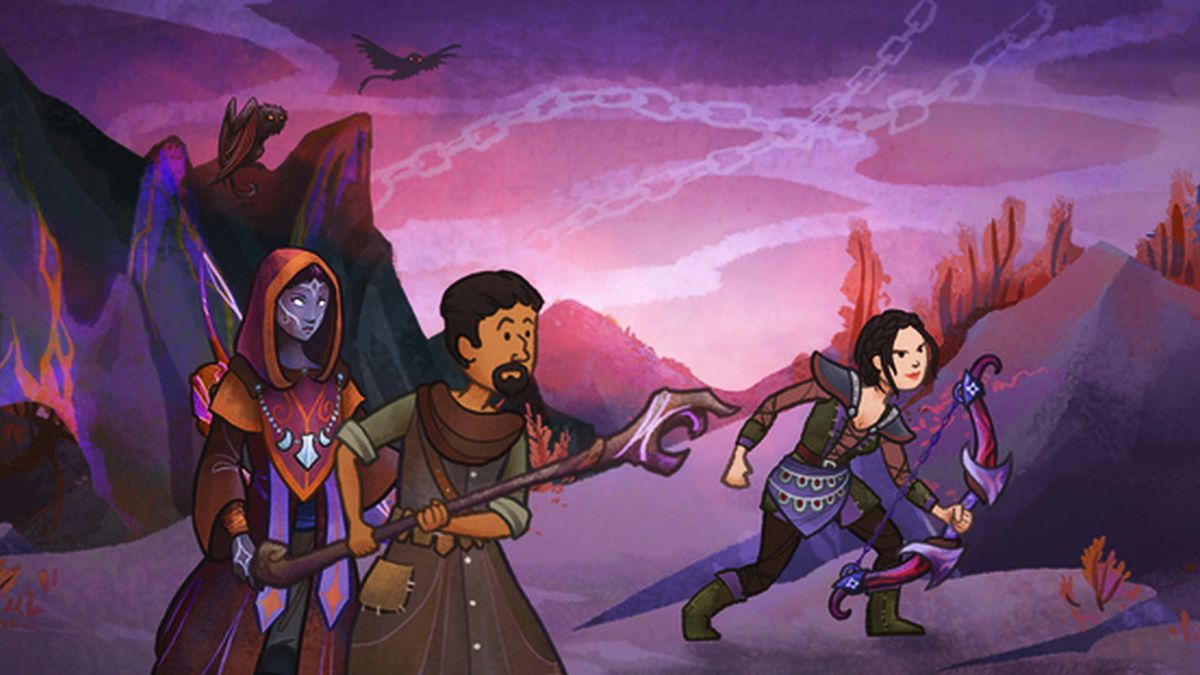 Wildermyth screenshot of a mystic, an archer, and a hooded woman in a purple tinged outdoor environment.