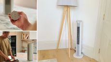 Three images of the Meaco Sefte Fan and controller, one showing the floor-standing one, one with the remote, and one on the counter