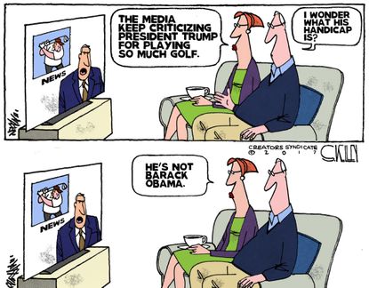 Political cartoon U.S. Trump golf Obama media liberal bias