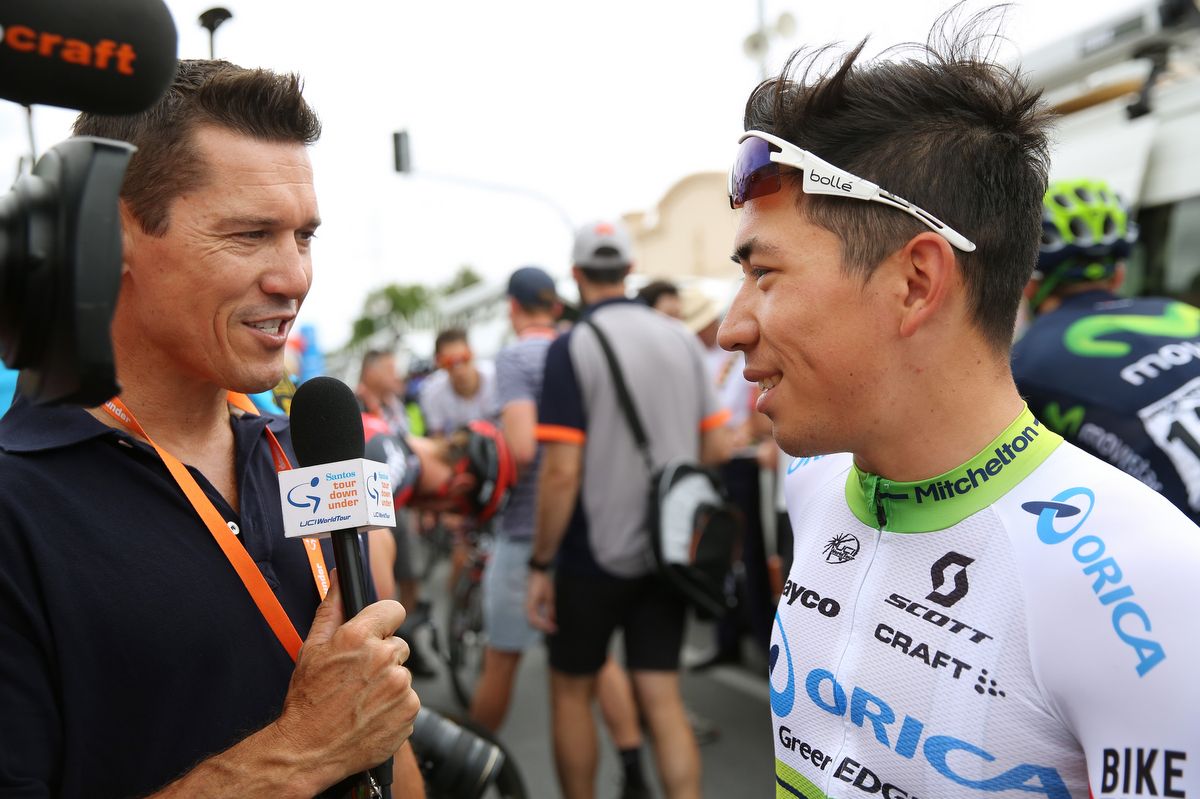 Robbie McEwan and Caleb Ewan talking sprinting tactics at the Tour Down Under