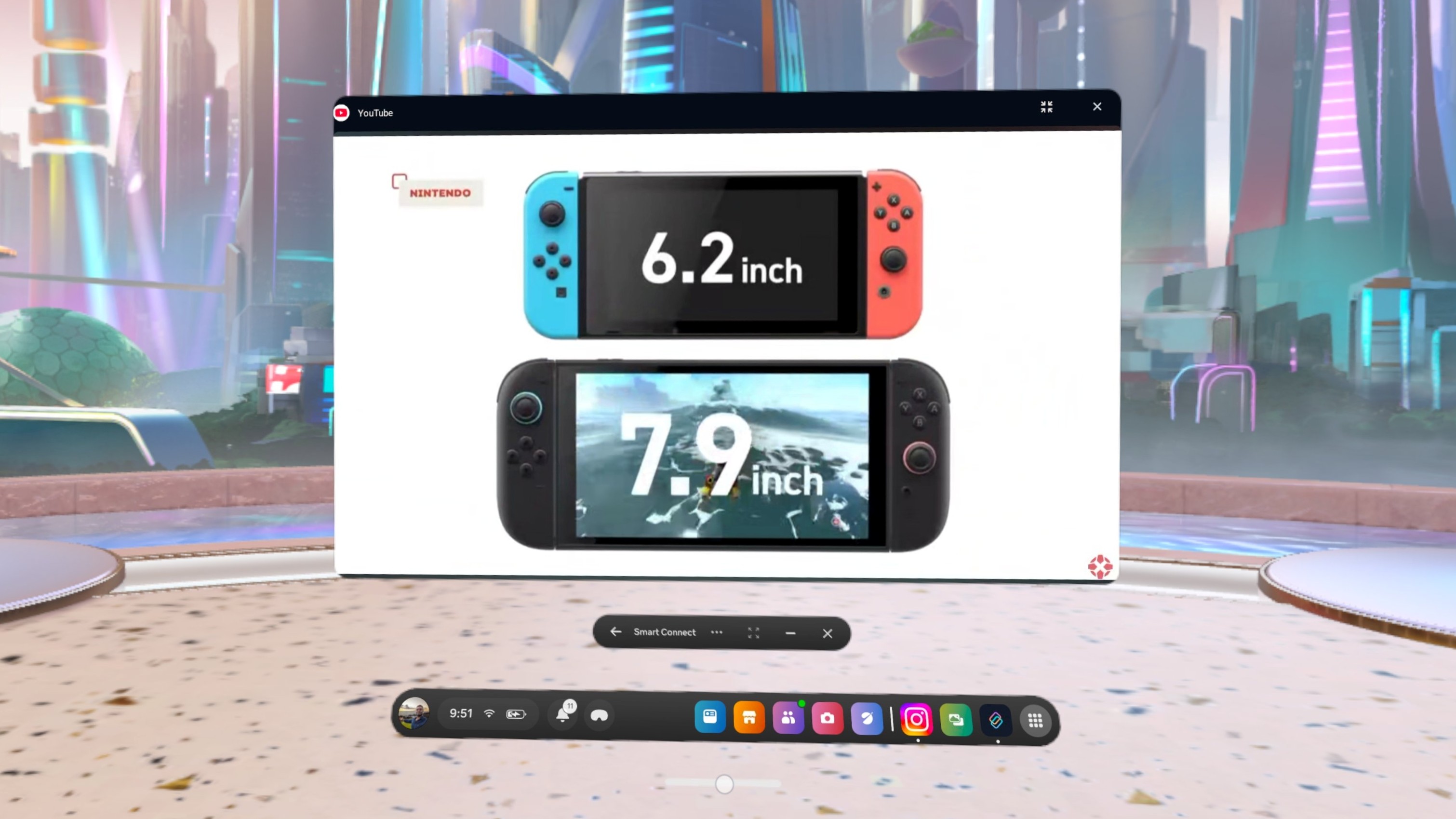 A full-screen YouTube video via Smart Connect on the Quest 3