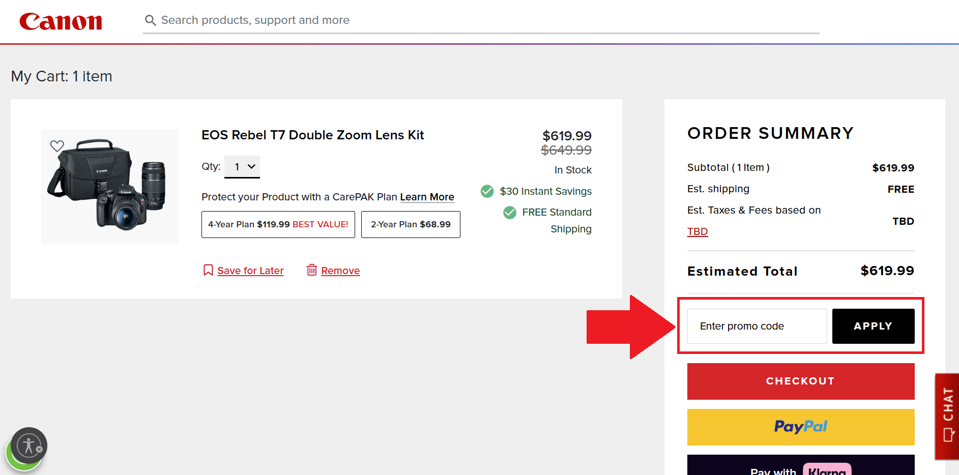 A screenshot of the canon checkout page showing where to enter a Canon promo code