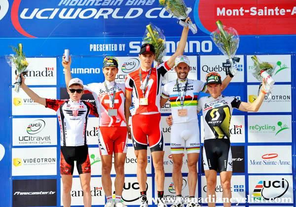 Elite men's cross country World Cup podium in Mont-Sainte-Anne: Mathias Fl&uuml;ckiger (Trek World Racing), Nino Schurter (Scott - Swisspower MTB - Racing), Jaroslav Kulhavy (Specialized Racing), Jos&eacute; Hermida (Multivan Merida Biking Team), Florian Vogel (Scott - Swisspower MTB - Racing)