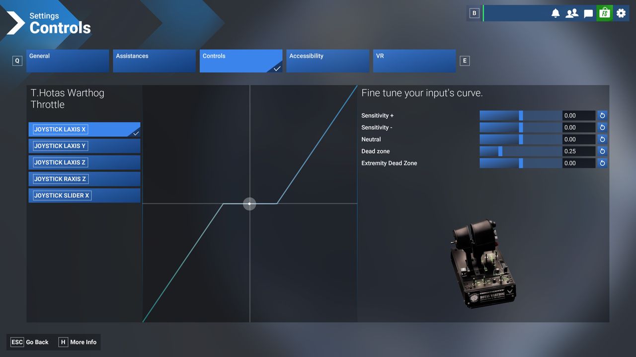 Microsoft Flight Simulator 2024 screenshot showing control settings for the Thrustmaster HOTAS WARTHOG MK II with dead zone in place