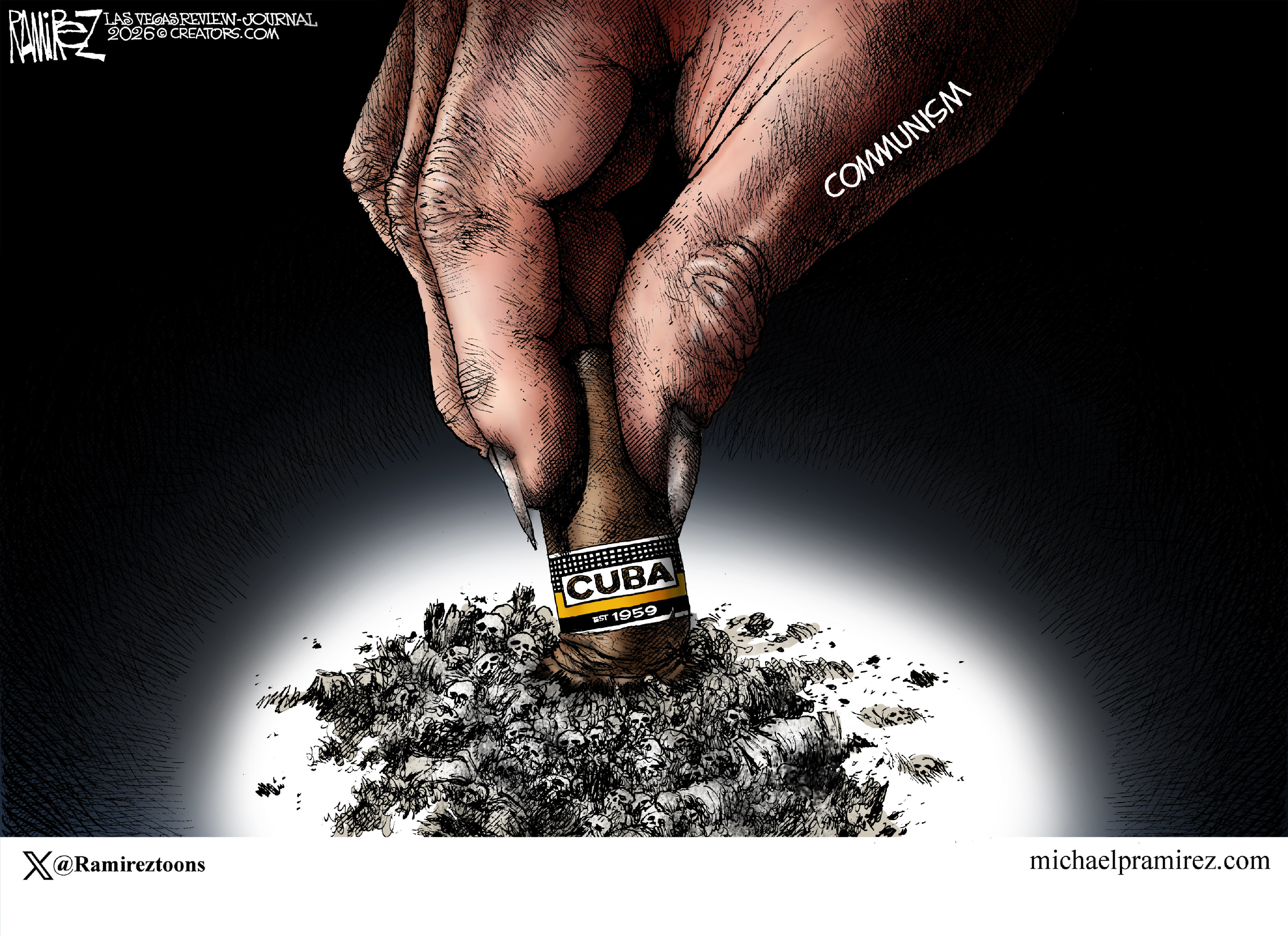 A dirty hand with long, sharp fingernails is labeled &amp;ldquo;Communism&amp;rdquo;. It stamps out the final ashes from a 1959 Cuban cigar on top of a file of ashes that resemble skeletons and skulls.