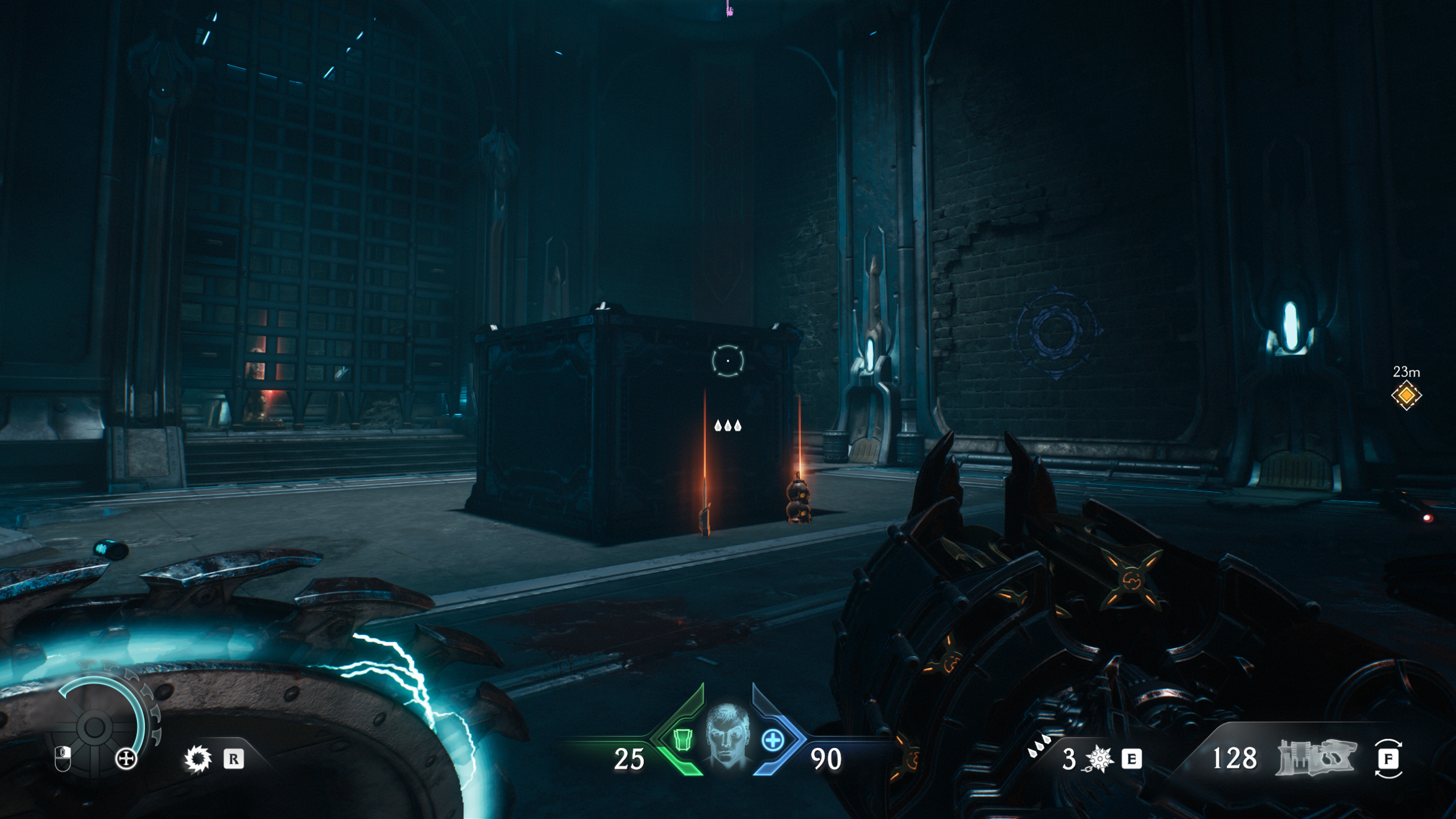 Doom: The Dark Ages Ancestral Forge secrets - A large gate blocks a ruby on the left but there is a vulnerable rock wall on the right side of the room.