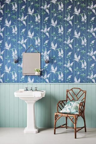 blue floral wallpaper in bathroom with painted wooden panel