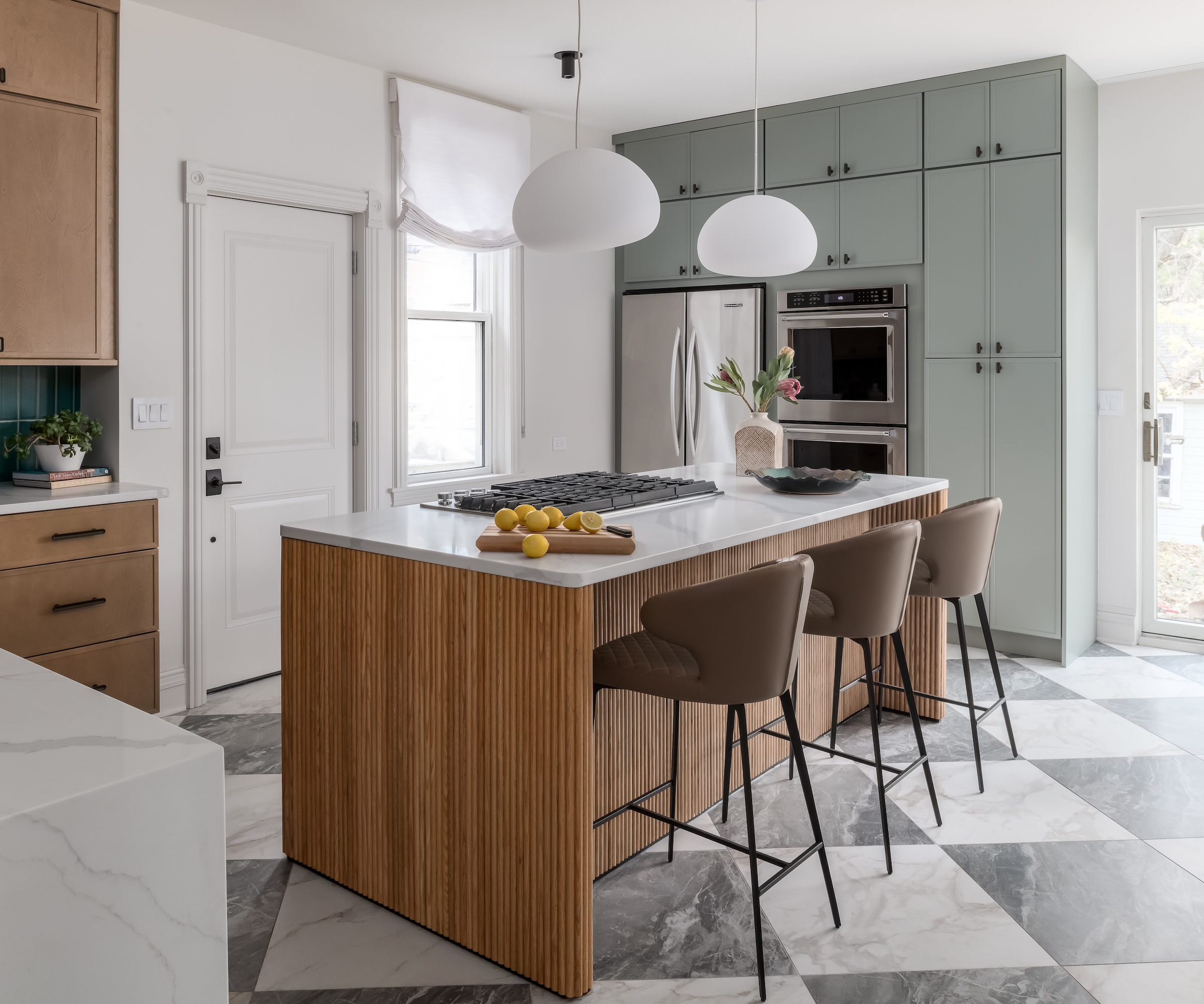 kitchen with timber island and checked floor tiles