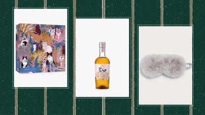 comp image of gift ideas for coworkers, including a puzzle, gin liqueur and a sleep mask