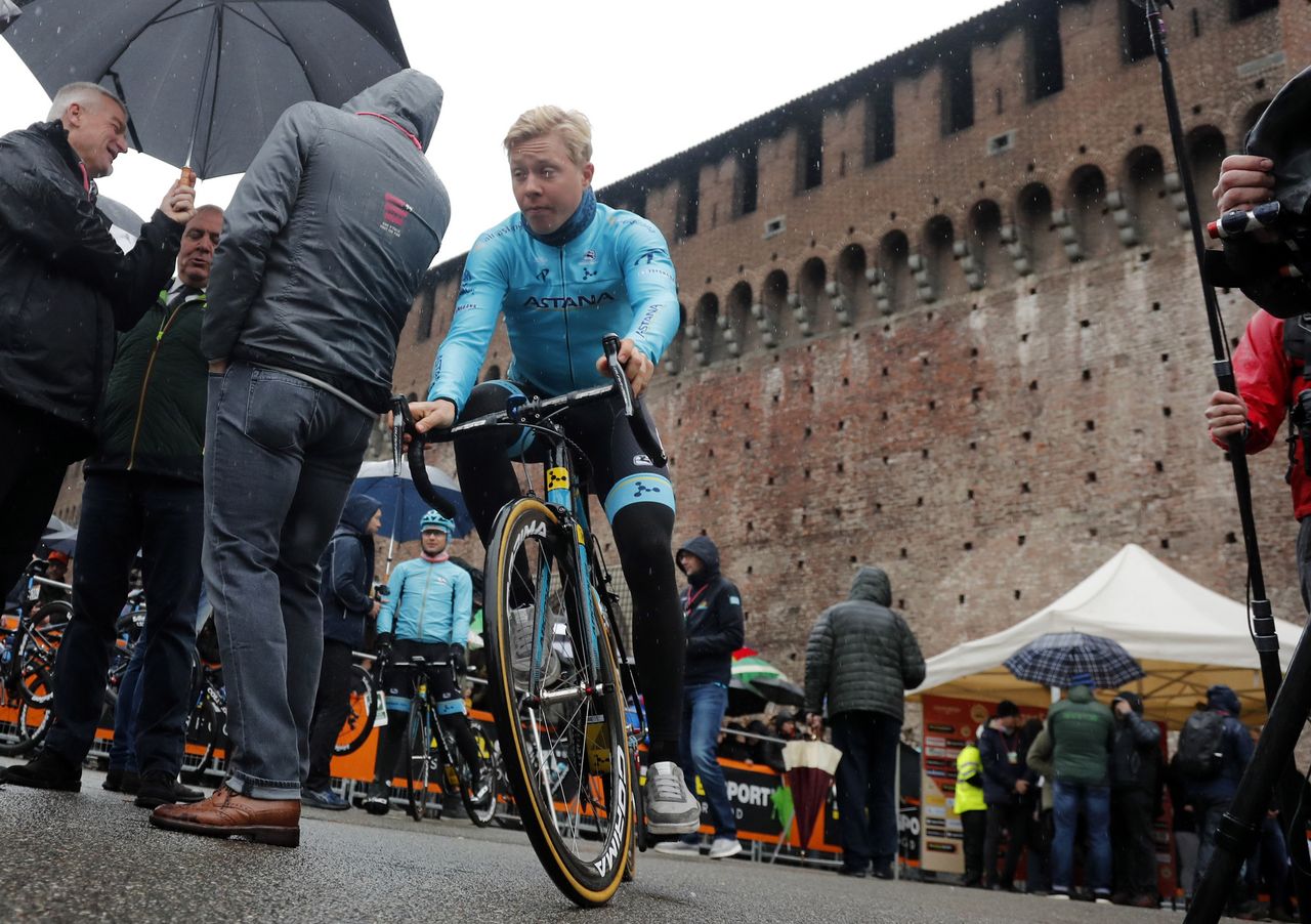 Omloop Het Nieuwsblad winner Michael Valgren heads to the podium