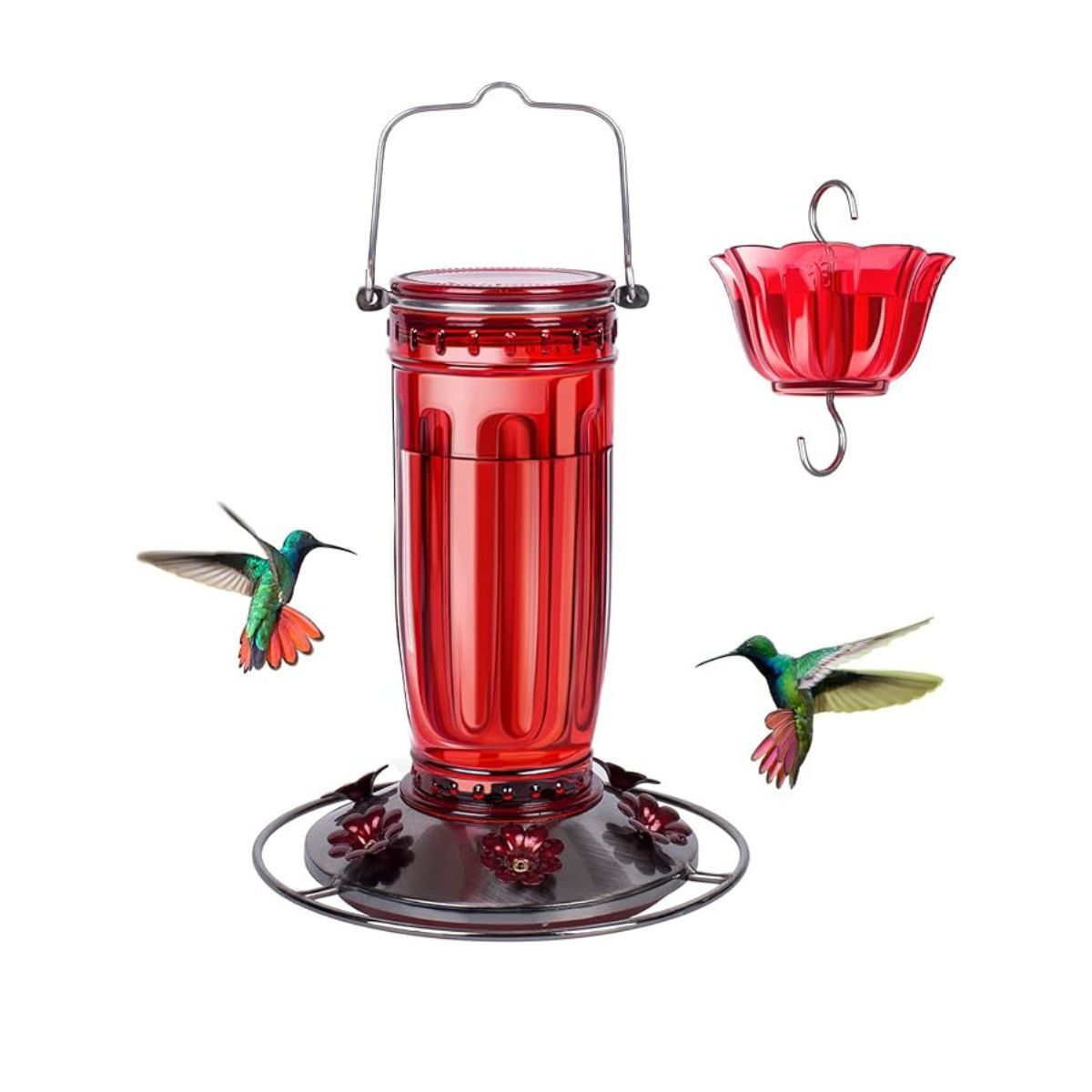 A red hummingbird feeder