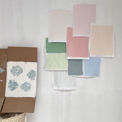 Selection of pink, blue and green paint samples on paper attached to wall