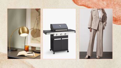 compilation image on a beige background showing John Lewis sale items including a bbq, interior items, and a mint velvet trench coat