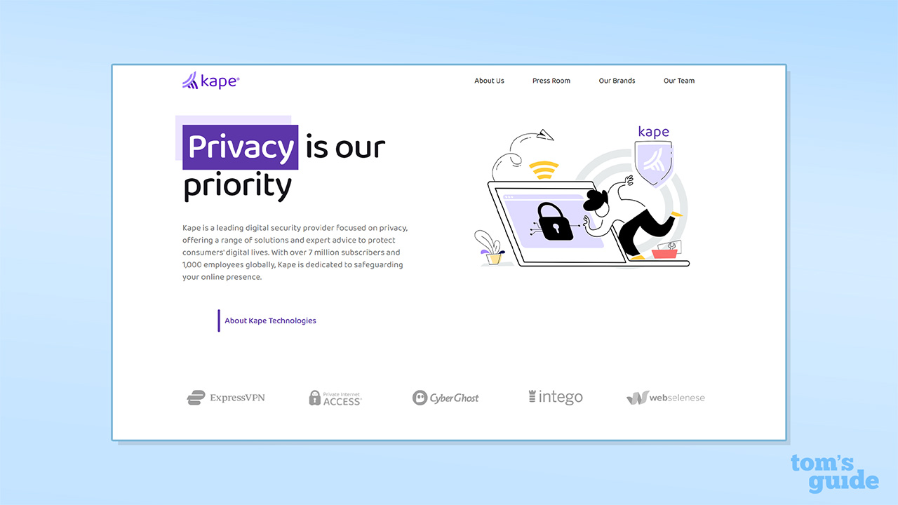 Screenshot of the Kape Technologies website landing page. ExpressVPN, PIA, and CyberGhost are listed as some of its brands and products