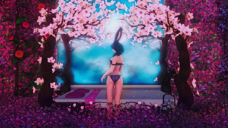 A Viera stands in front of a cherry blossom bed in Final Fantasy 14.