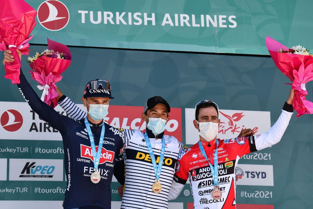 The Tour of Turkey stage 5 podium (l-r): Jay Vine (Alpecin-Fenix), Jose Manuel Diaz (Delko) and Eduardo Sep&uacute;lveda (Androni Gioccattoli)