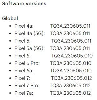 The June 2023 patch version numbers for global Pixel devices.