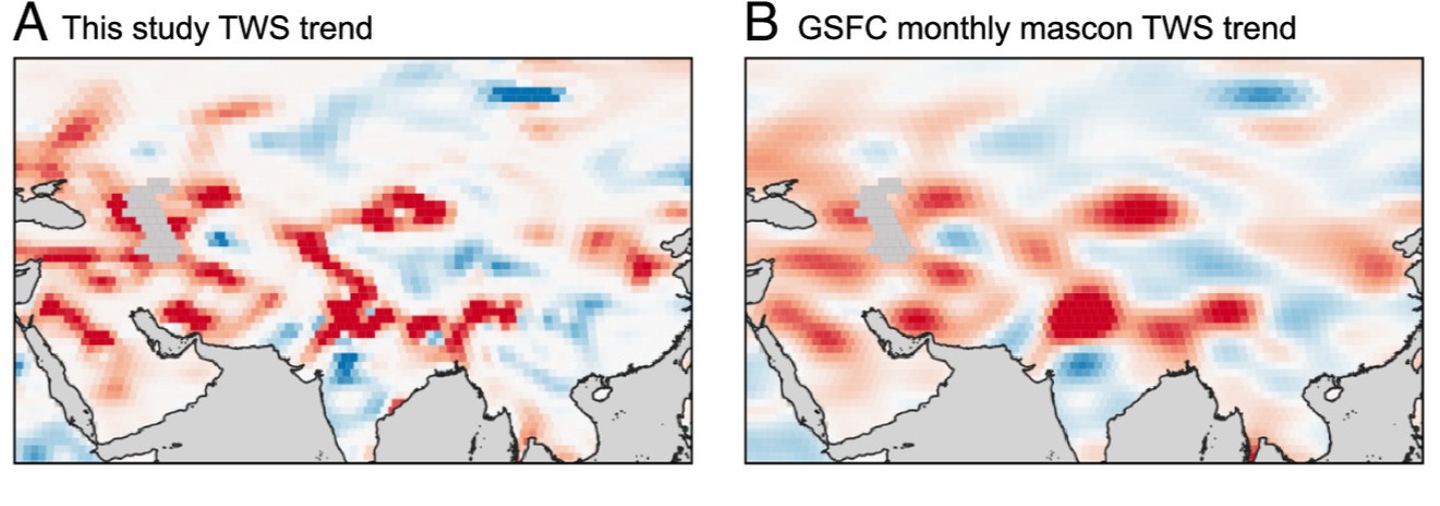 Two maps of South Asia showing the high resolution for water storage changes of a new study compared with previous research.