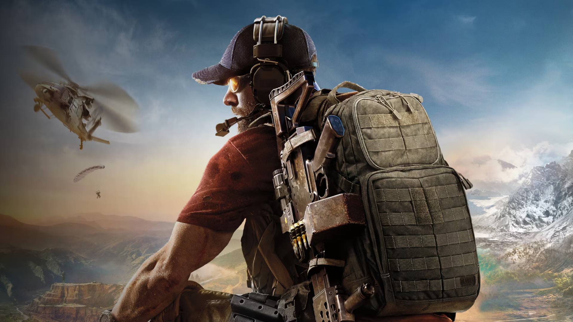 Cropped Ghost Recon Wildlands art from the PlayStation Store shows a man looking out at a vast landscape, a helicopter in the background.