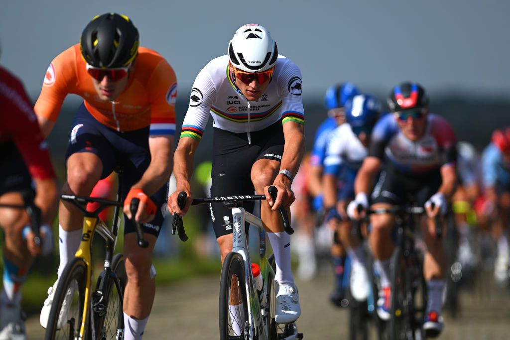 HASSELT BELGIUM SEPTEMBER 15 Mathieu Van Der Poel of Team Netherlands R competes during the 30th UEC Road Cycling European Championships 2024 Mens Elite Road Race a 2228km one day race from HeusdenZolder to Hasselt on September 15 2024 in Hasselt Belgium Photo by Luc ClaessenGetty Images