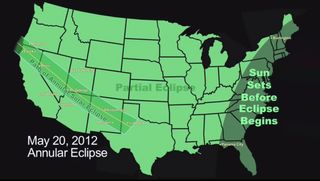 This NASA graphic of the United States depicts the path of the annular solar eclipse of May 20, 2012, when the moon will cover about 94 percent of the sun's surface as seen from Earth.