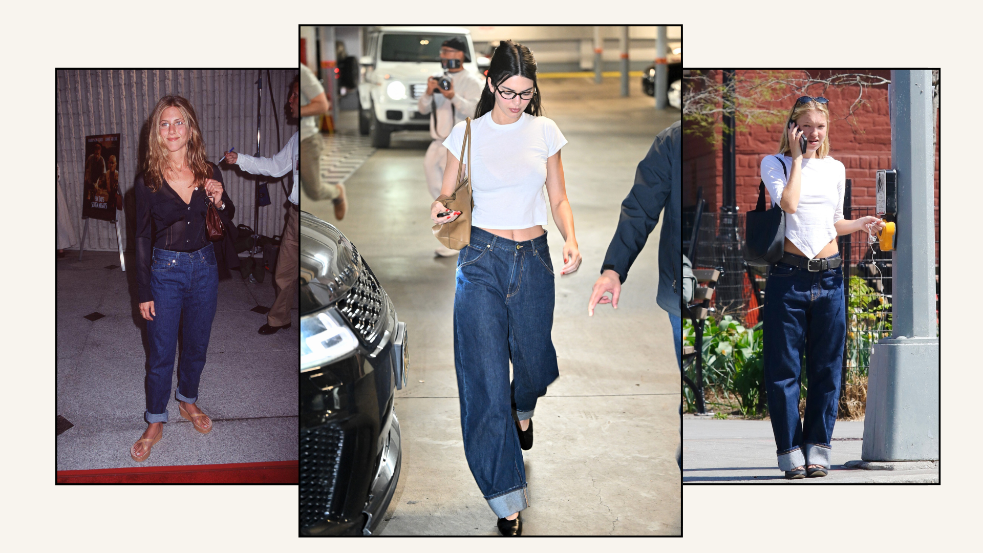 An image of celebrities wearing the cuffed jean trend.