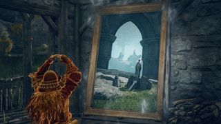 Elden Ring paintings - a player poses in front of a painting in an artist's shack