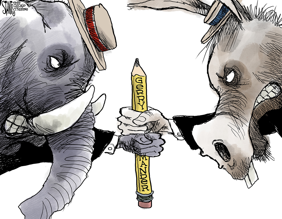 This cartoon depicts an elephant on the left and a donkey on the right. They are fighting over a pencil labeled “Gerrymander”