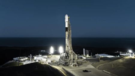 A SpaceX Falcon 9 rocket carrying NASA’s SPHEREx and PUNCH missions is vertical on Space Launch Complex 4 East at Vandenberg Space Force Base in California on March 8, 2025