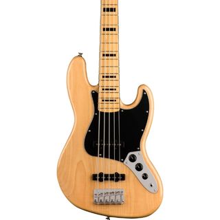 Close up of the body on a Squier Classic Vibe 70s Jazz Bass V 5-string bass guitar on a white background