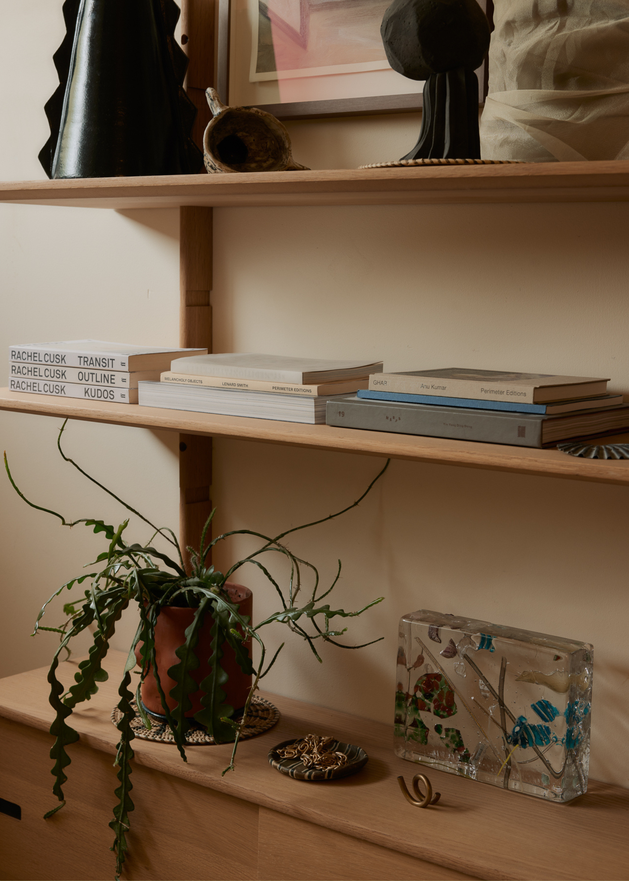 A wooden open shelf with books, a potted houseplant and a vase