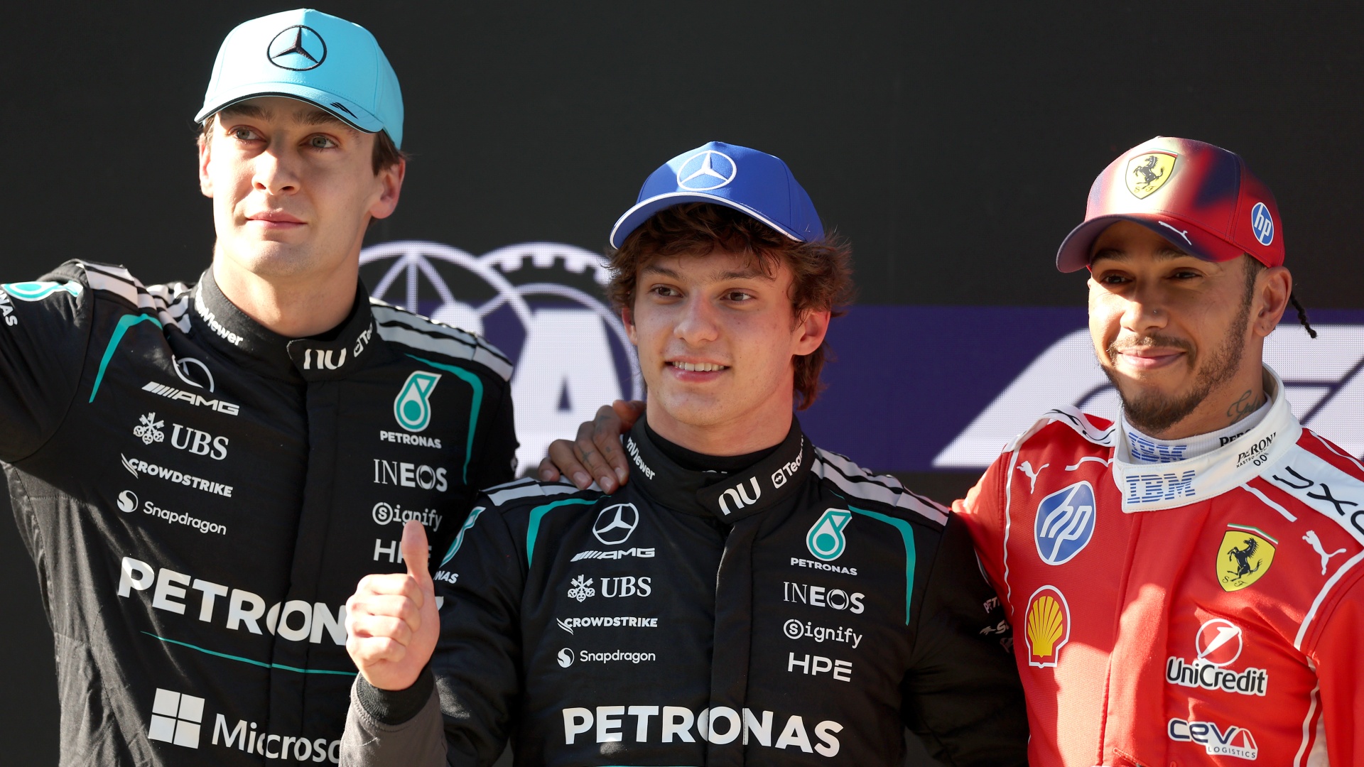 F1 drivers Kimi Antonelli and George Russell of Mercedes and Lewis Hamilton of Ferrari at the 2026 Chinese Grand Prix