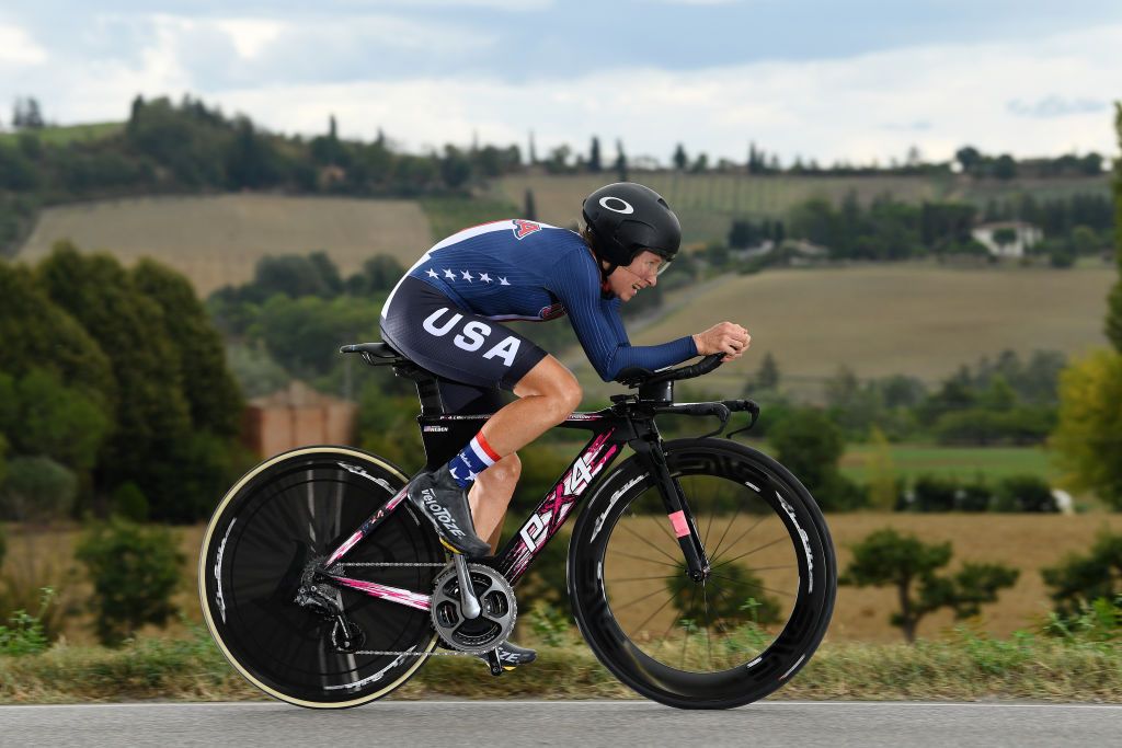 IMOLA ITALY SEPTEMBER 24 Amber Neben of The United States vduring the 93rd UCI Road World Championships 2020 Women Elite Individual Time Trial a 317km stage from Imola to Imola ITT ImolaEr2020 Imola2020 on September 24 2020 in Imola Italy Photo by Tim de WaeleGetty Images