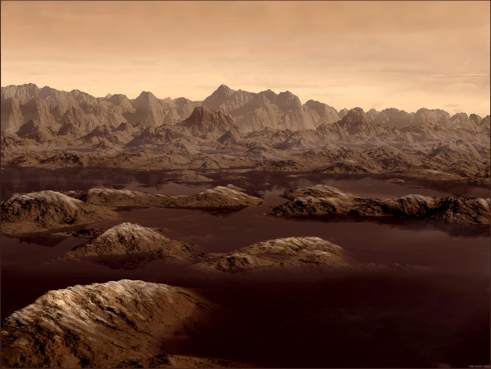 This artist&#039;s concept shows similar lakes of ethane thought to exist on Saturn&#039;s moon Titan. 