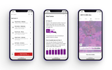 Three smartphone screens showing different shots of the Risk Factor App by Redfin showing climate risks by property.