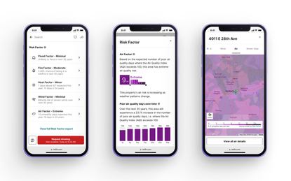 Three smartphone screens showing different shots of the Risk Factor App by Redfin showing climate risks by property.