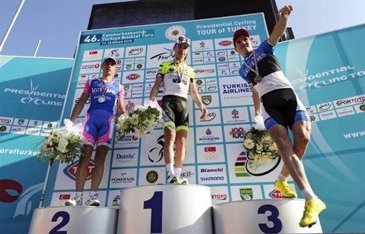 The stage three podium, topped by Giovanni Visconti wth Simon Spilak and Rein Taaramae.